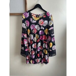 ASOS Floral Lace Bell Sleeve Mini Dress Black Multi Size 10
